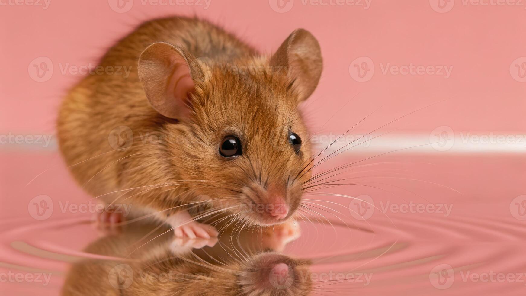 Mouse cautiously approaches the edge of a backyard pool in a serene environment closeup image photo