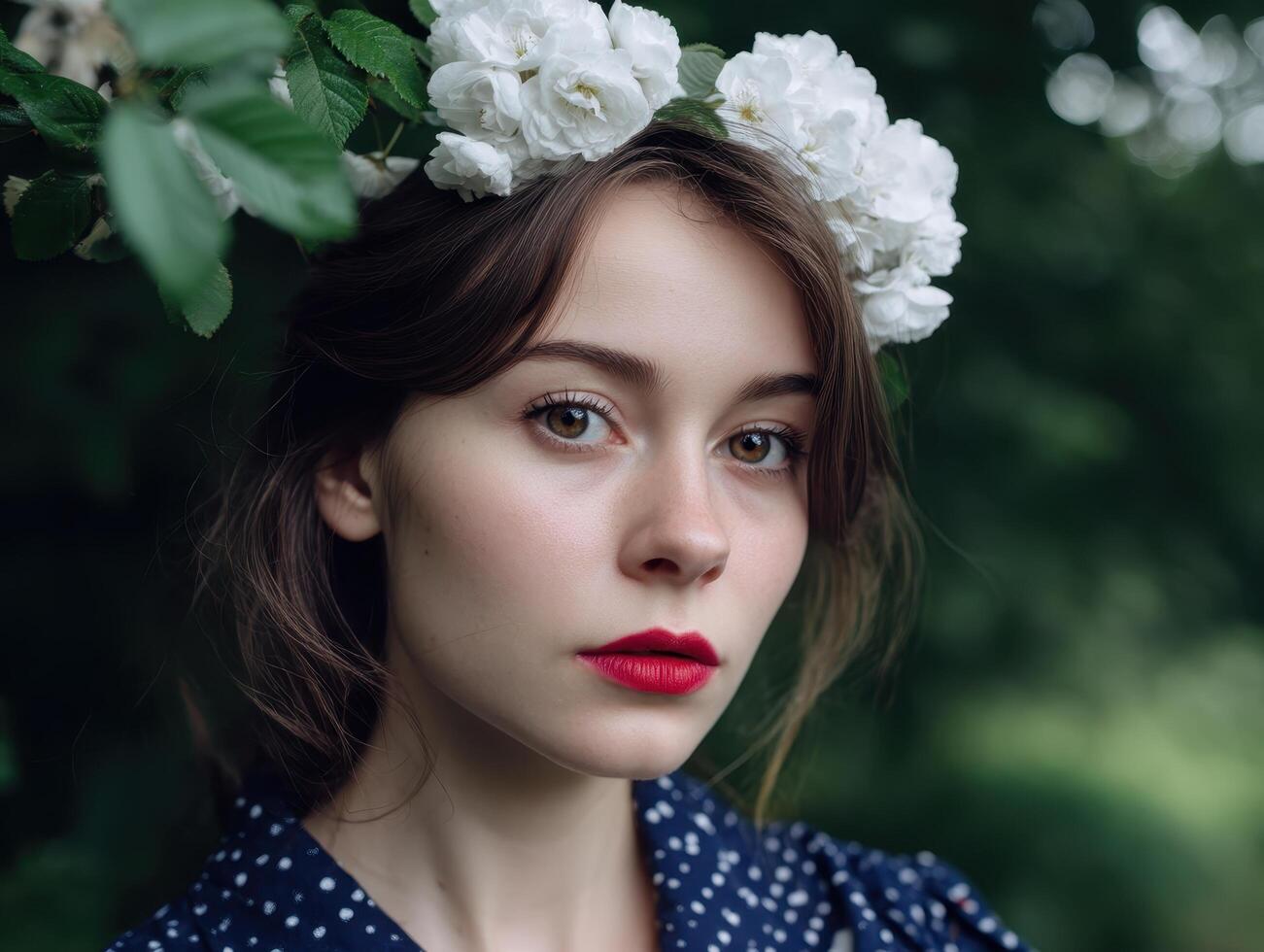 Portrait of a young woman with floral crown outdoor setting lifestyle photography natural light artistic perspective photo