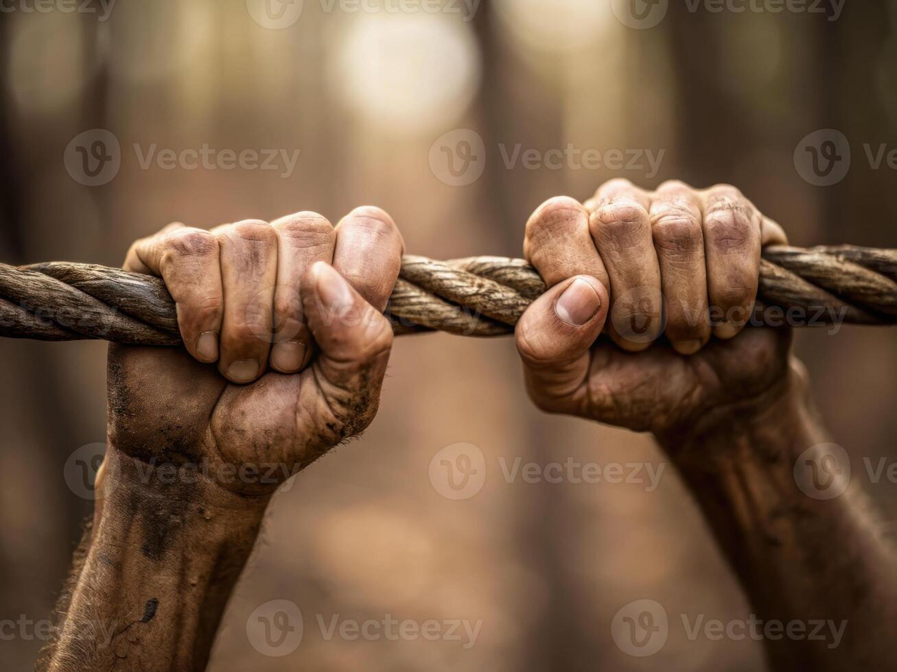 Hands tugging a tangled vine apart in a forest closeup capture natural environment dynamic tension photo