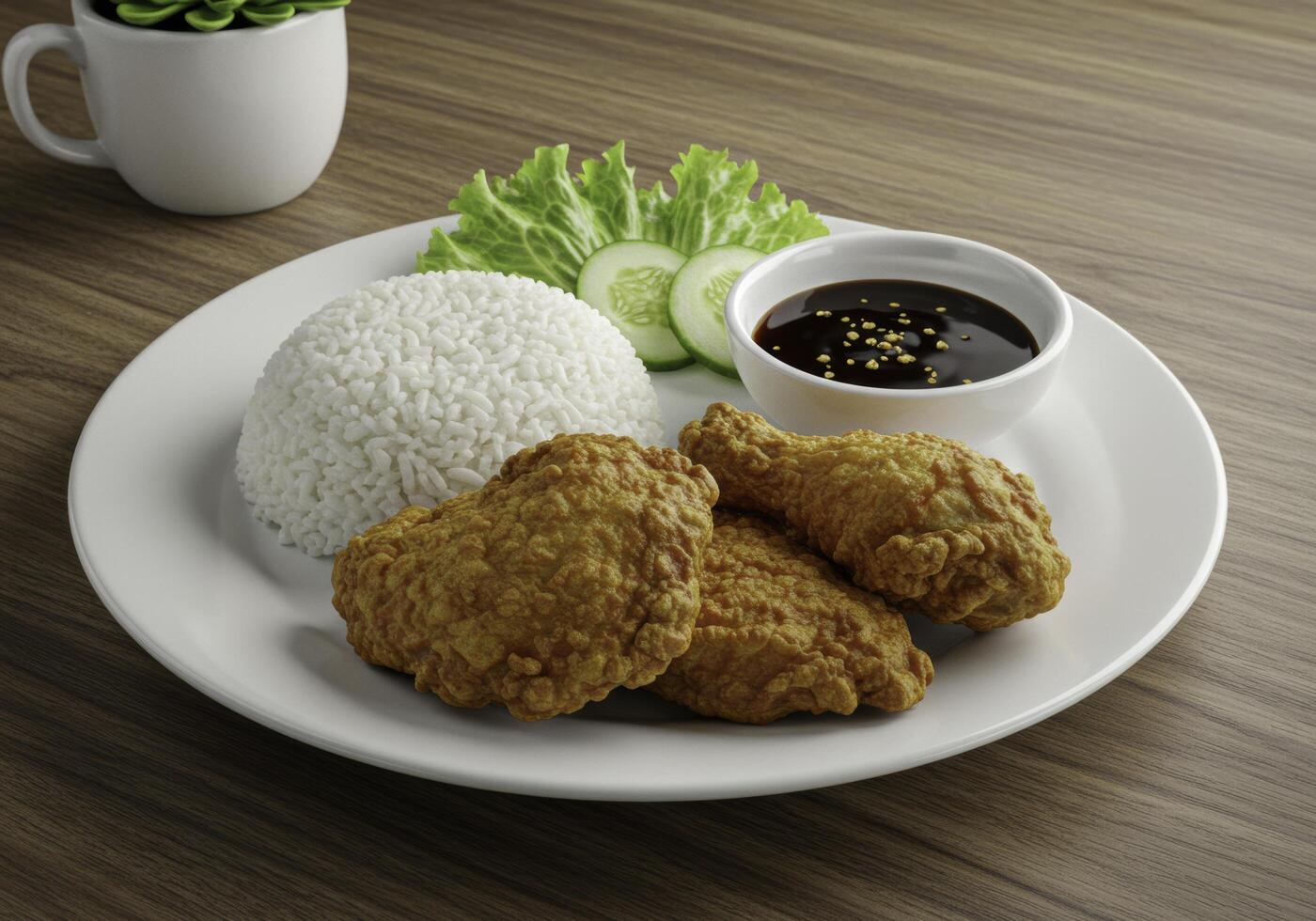 Crispy fried chicken with rice and flavorful soy sauce served on a white plate photo