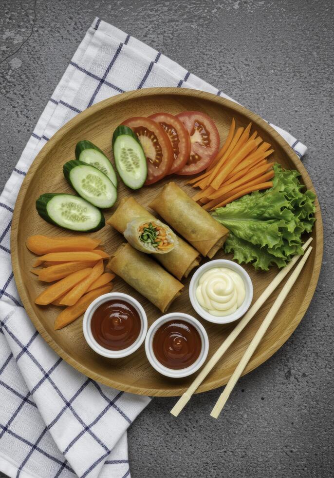 Aromatic spring rolls displayed on a wooden tray with fresh vegetables and dipping sauce photo