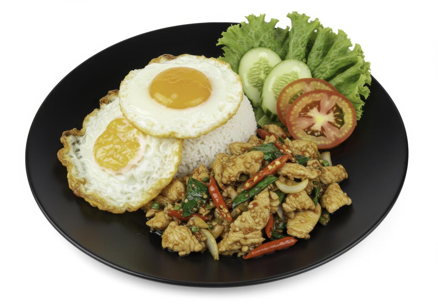 Chicken basil stir-fry with fried eggs served over rice on a black plate photo