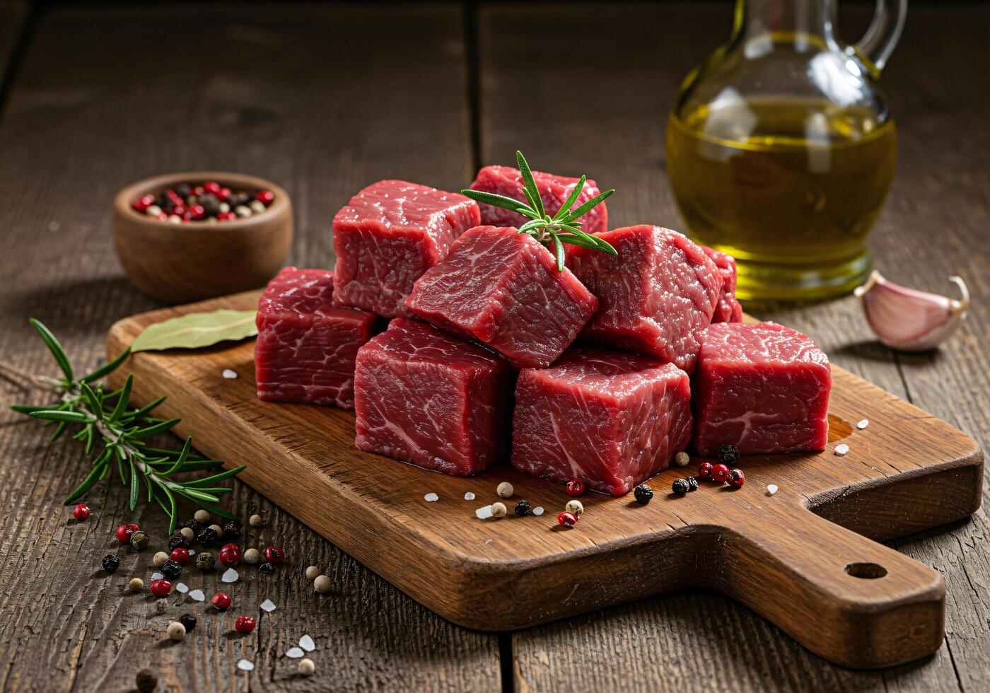 raw beef cubes on a cutting board with spices photo