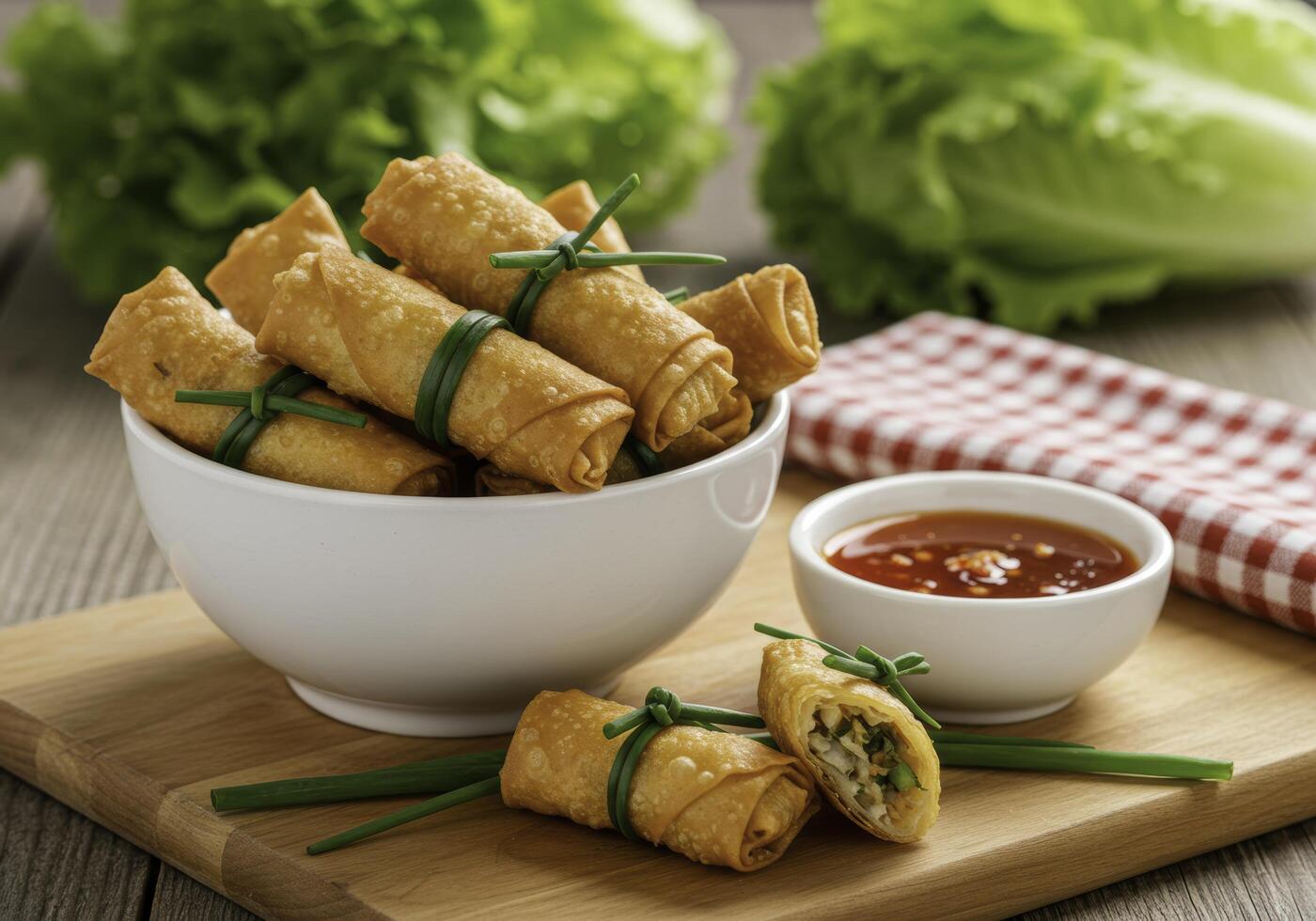 Crispy spring rolls and dipping sauce presented on a wooden board delight photo