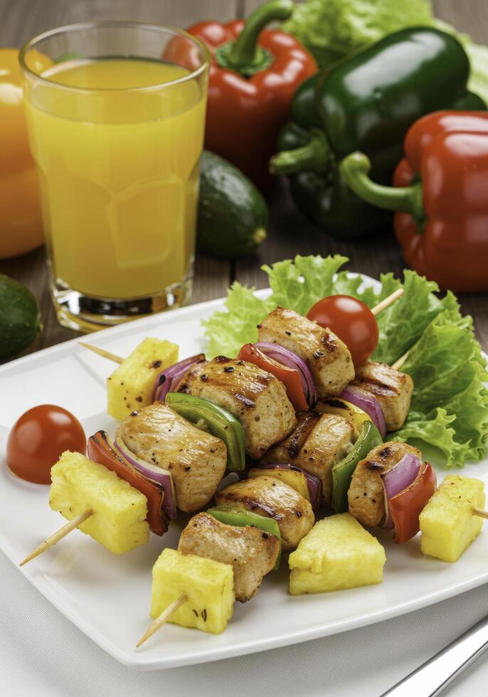 Delicious chicken skewers with vibrant vegetables served alongside fresh orange juice photo
