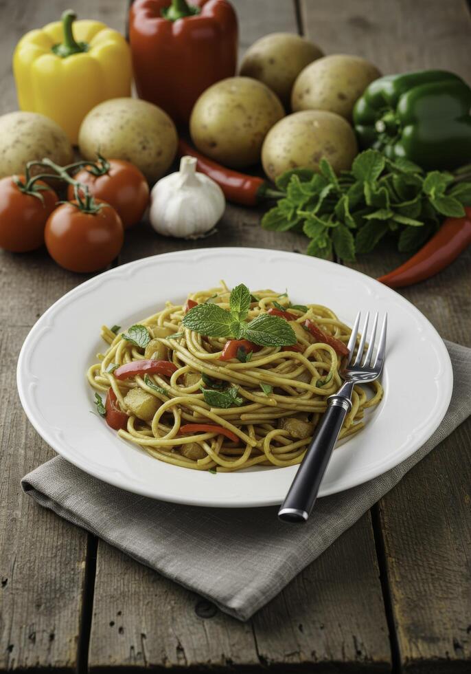 Delicious veggie pasta on rustic wooden table with assorted fresh ingredients around photo
