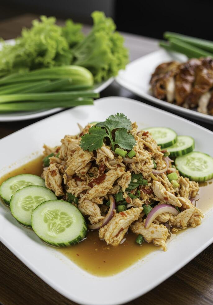Spicy shredded chicken salad with fresh cucumber and herbs on a white plate photo