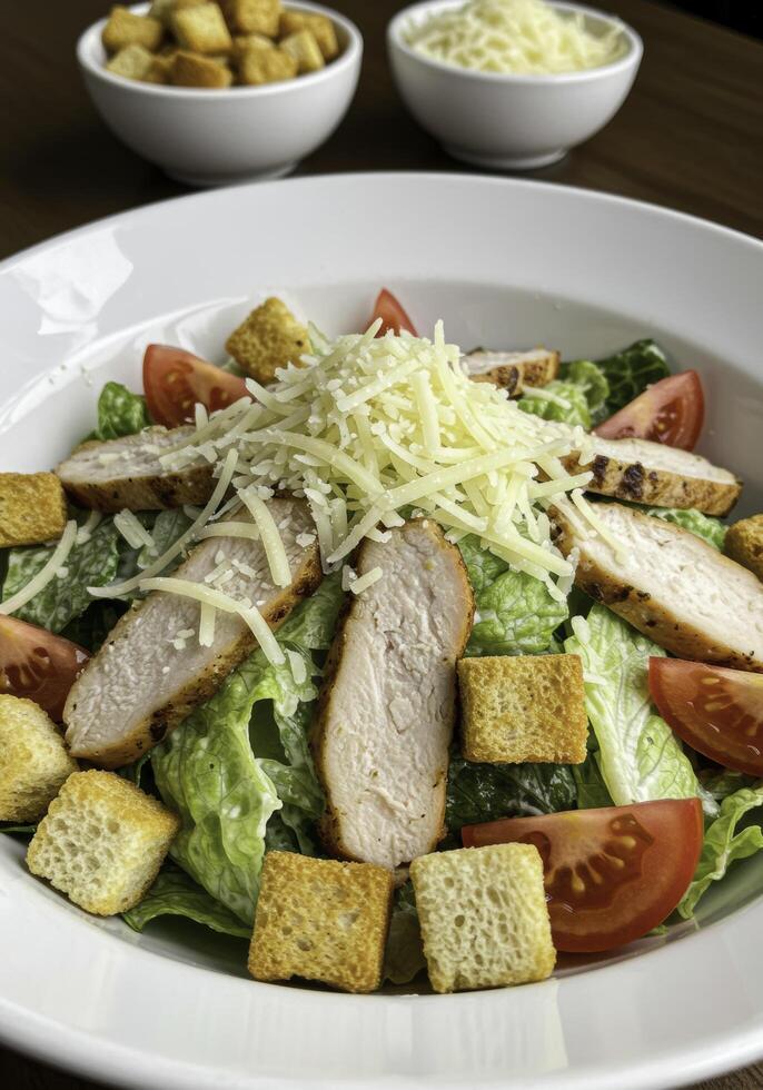 Artistic presentation of caesar salad featuring grilled chicken and croutons on a white plate photo