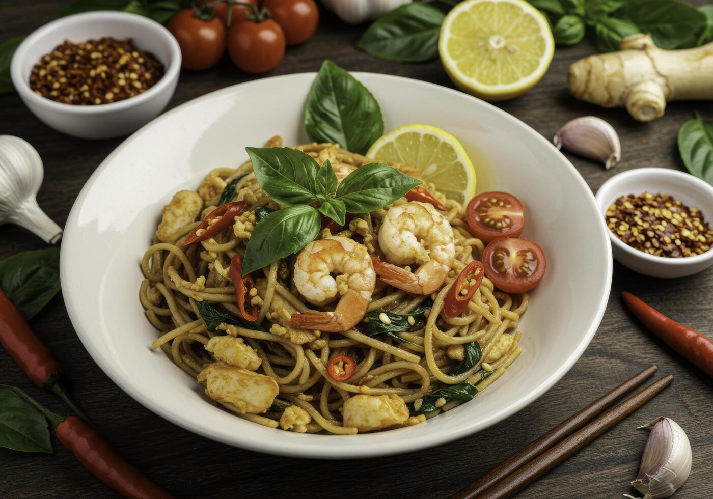 Aromatic shrimp pasta dish presentation with fresh herbs and spices setting photo