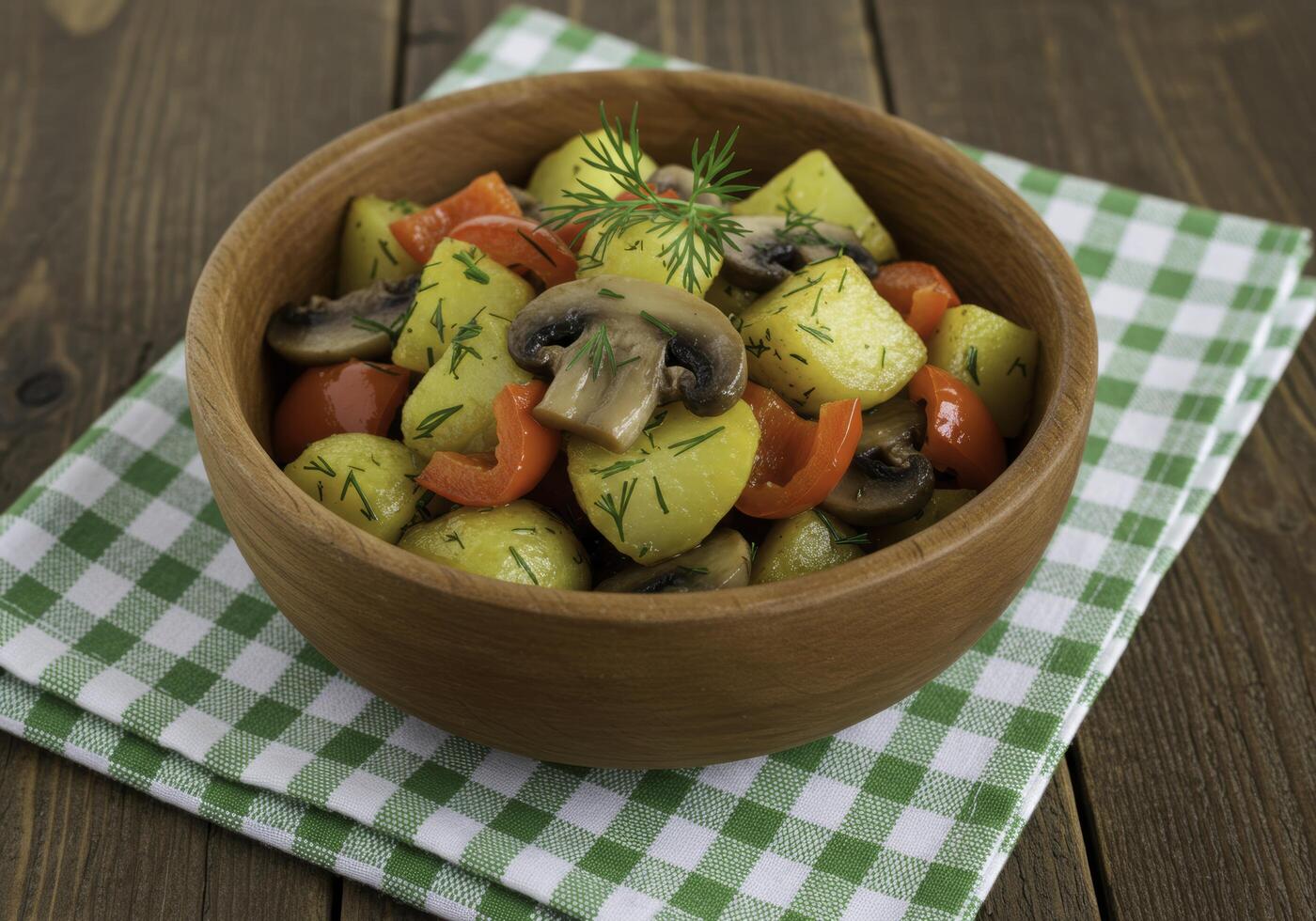 Rustic wooden bowl filled with savory potato, mushroom, and pepper salad on checkered cloth photo