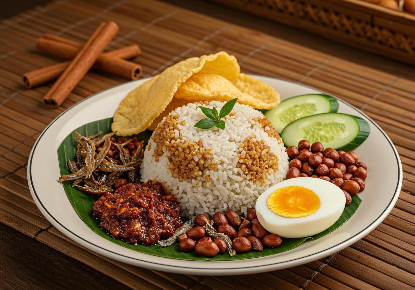 indonesian food with rice, beans, and egg photo