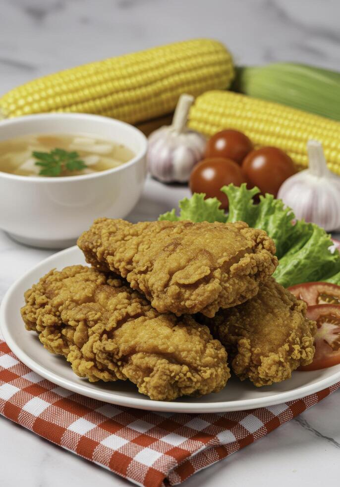 Golden fried chicken served with fresh vegetables and savory broth composition photo