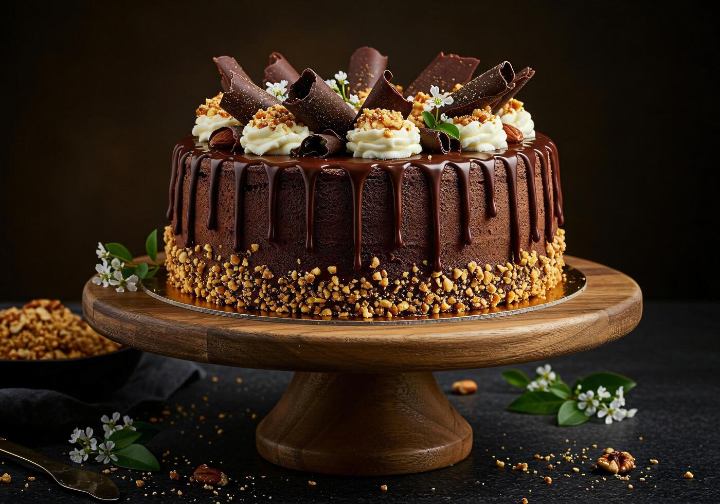 Decadent Chocolate Cake with Nuts and Whipped Cream photo