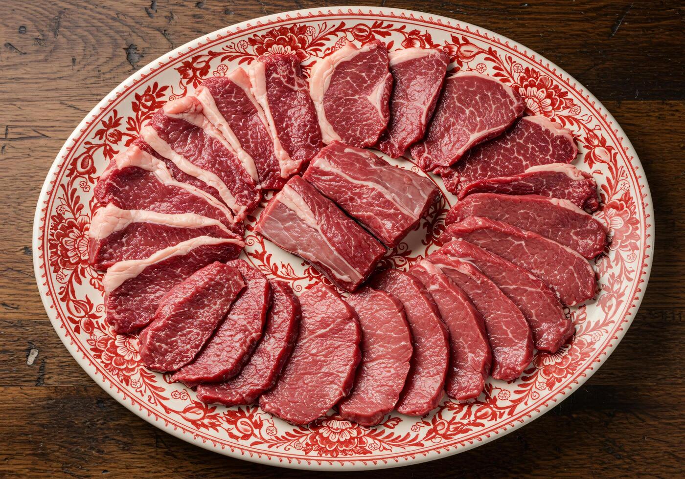 Sliced Raw Beef Steak on Decorative Plate A Culinary Delight photo