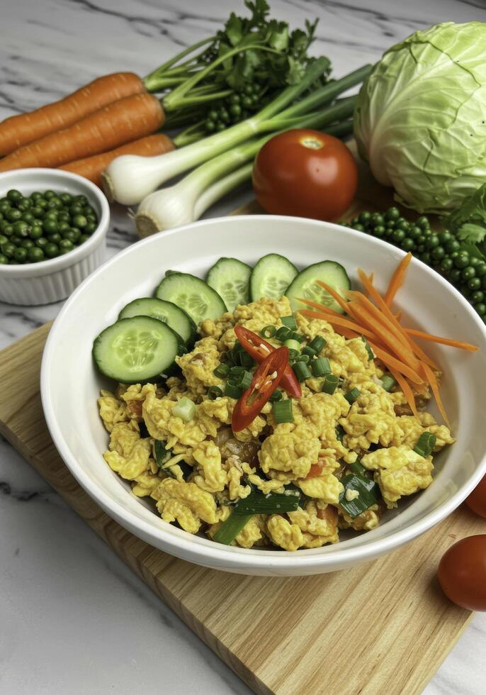Nutritious breakfast concept featuring eggs and various fresh vegetables on wood photo