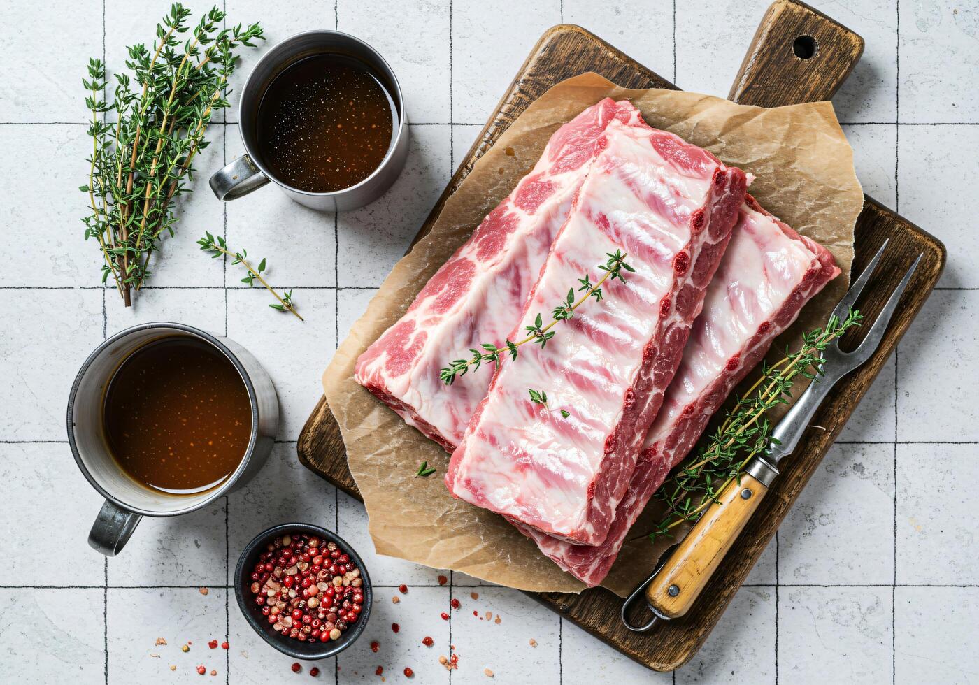 raw pork ribs on a cutting board with spices and coffee photo