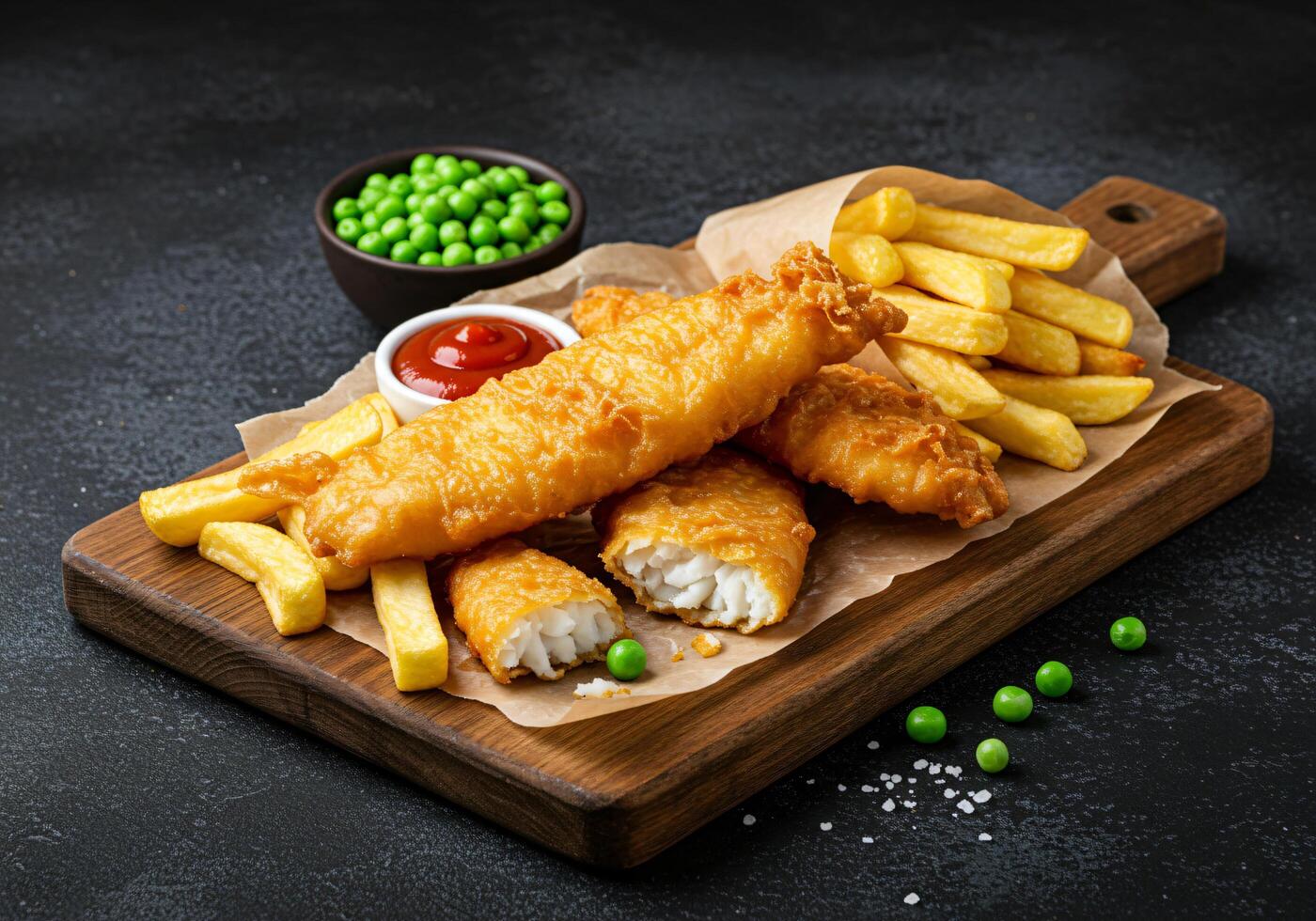 Crispy Fried Fish and Chips with Peas and Ketchup photo