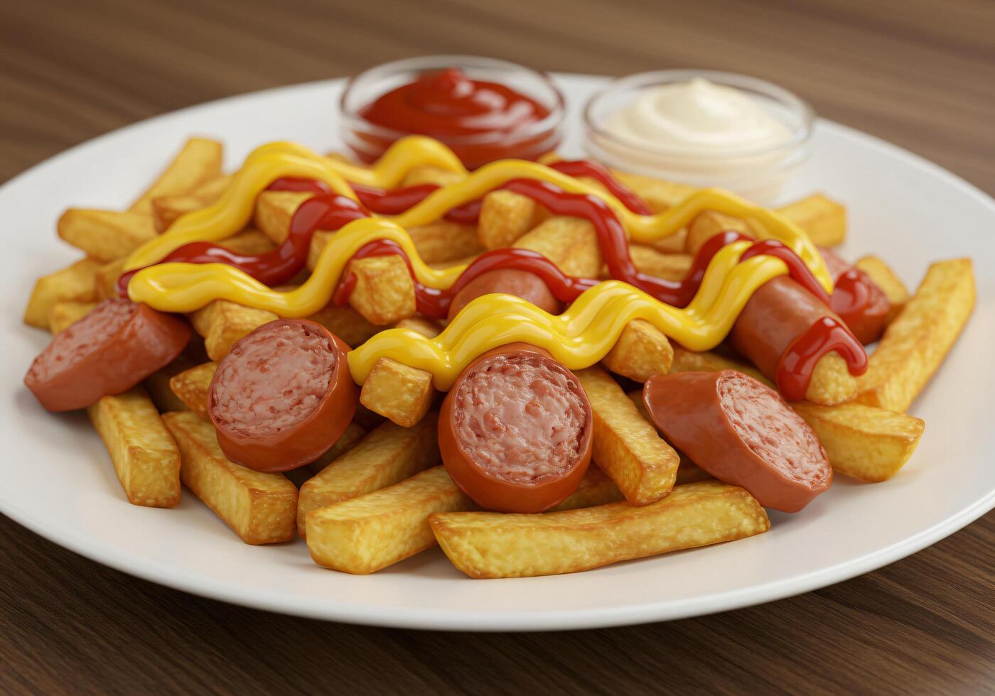 Delicious Hot Dogs and French Fries with Cheese and Sauce photo