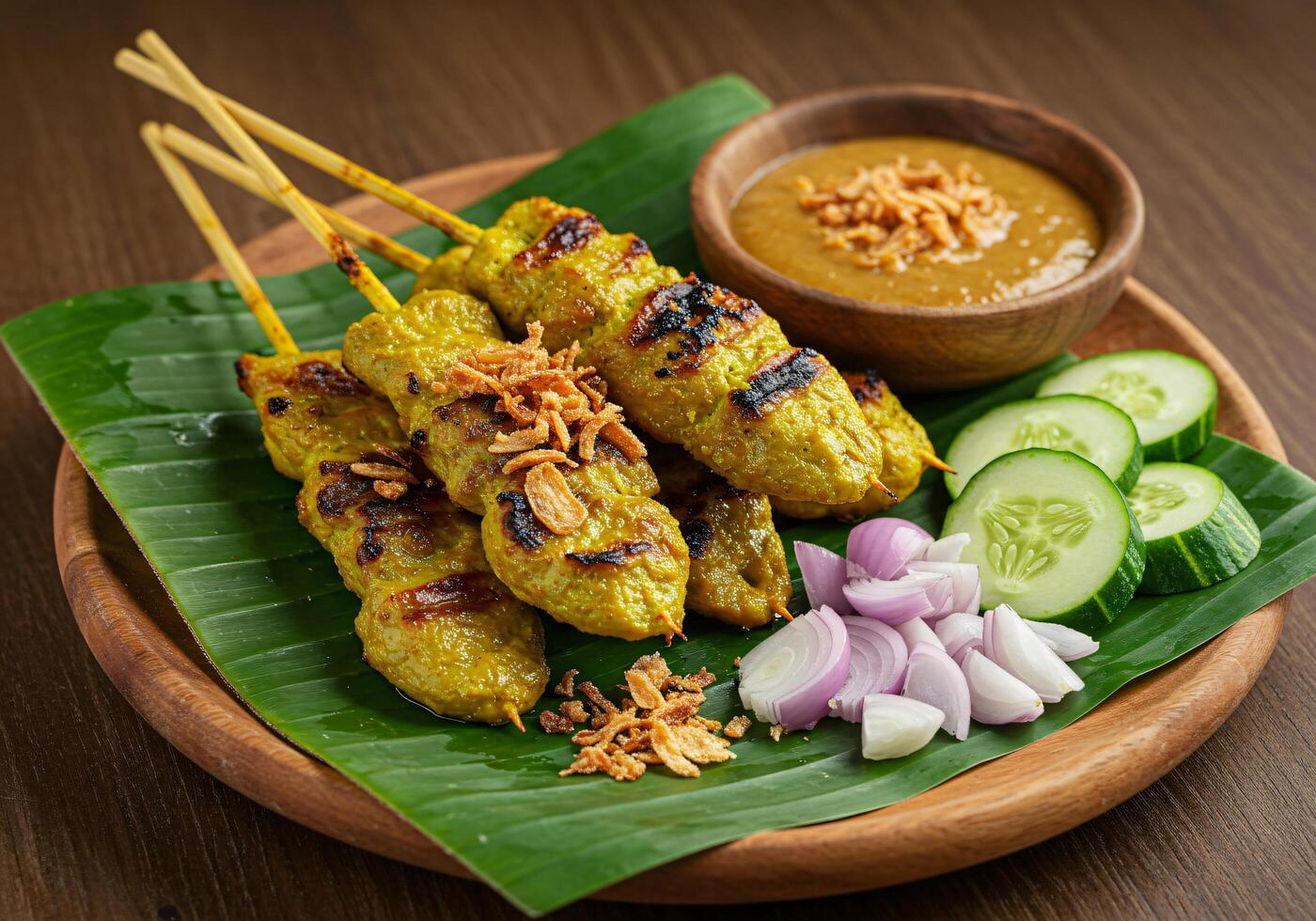 Delicious Grilled Chicken Satay with Peanut Sauce and Cucumber photo