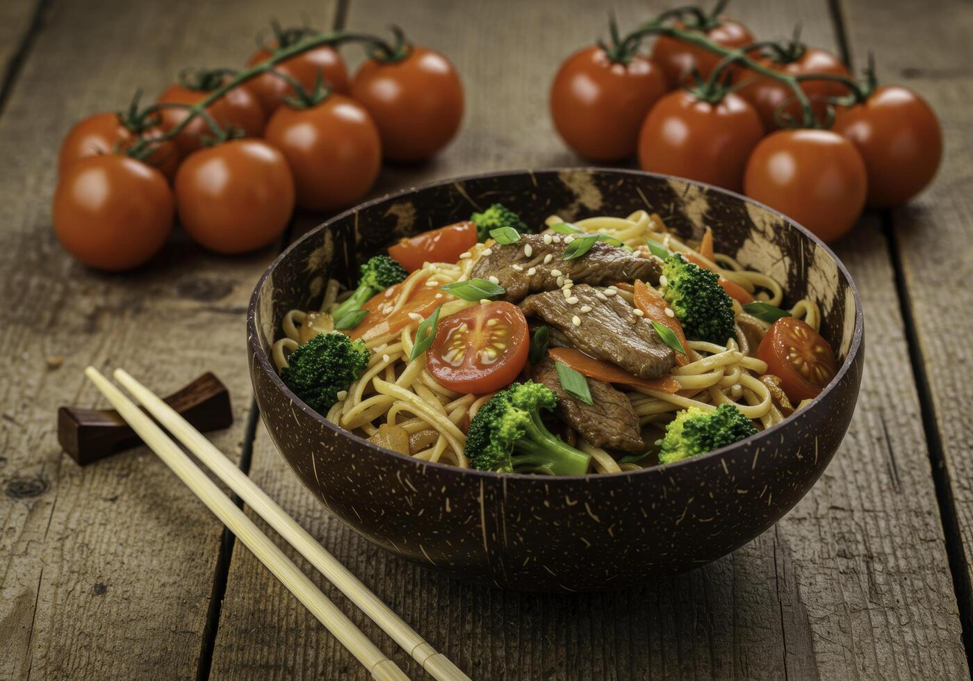 Aromatic beef noodles with broccoli and tomatoes served in coconut bowl photo