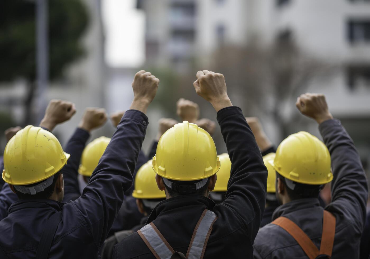 Industrial workforce unity, raising fists in a collective demonstration of strength photo
