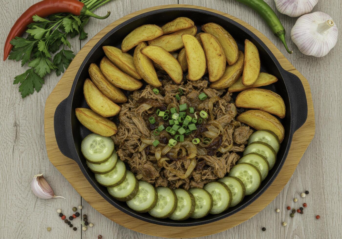 Rustic culinary arrangement featuring pulled meat, potatoes, and fresh vegetables photo