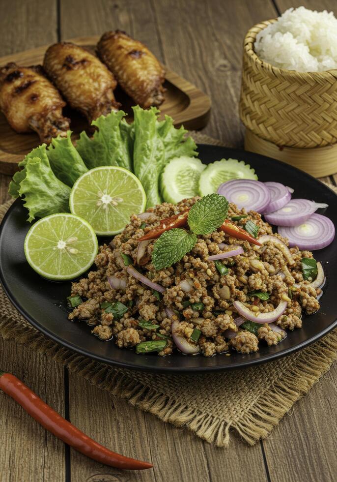 Delectable Thai Larb Moo Presentation with Accompaniments on Rustic Wood Surface photo
