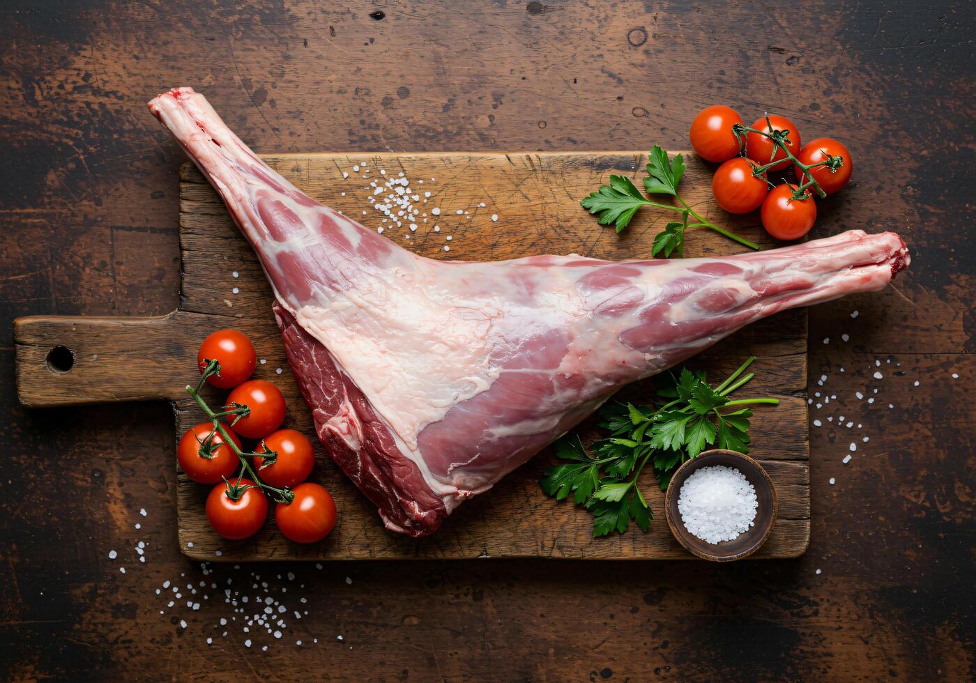 raw lamb leg on wooden cutting board with tomatoes and herbs photo
