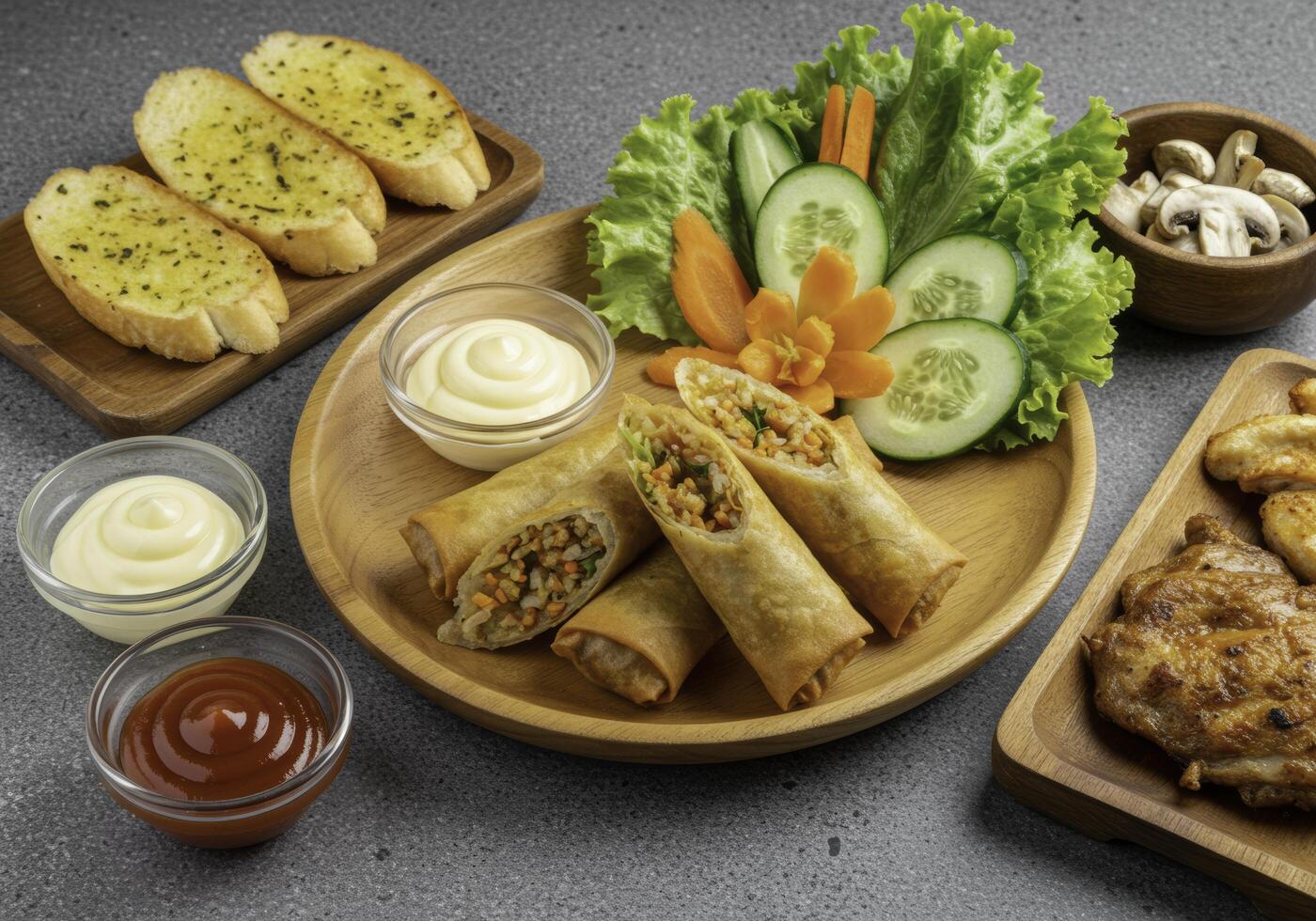 Delicious spring rolls with fresh vegetables and dipping sauces on a wooden plate photo