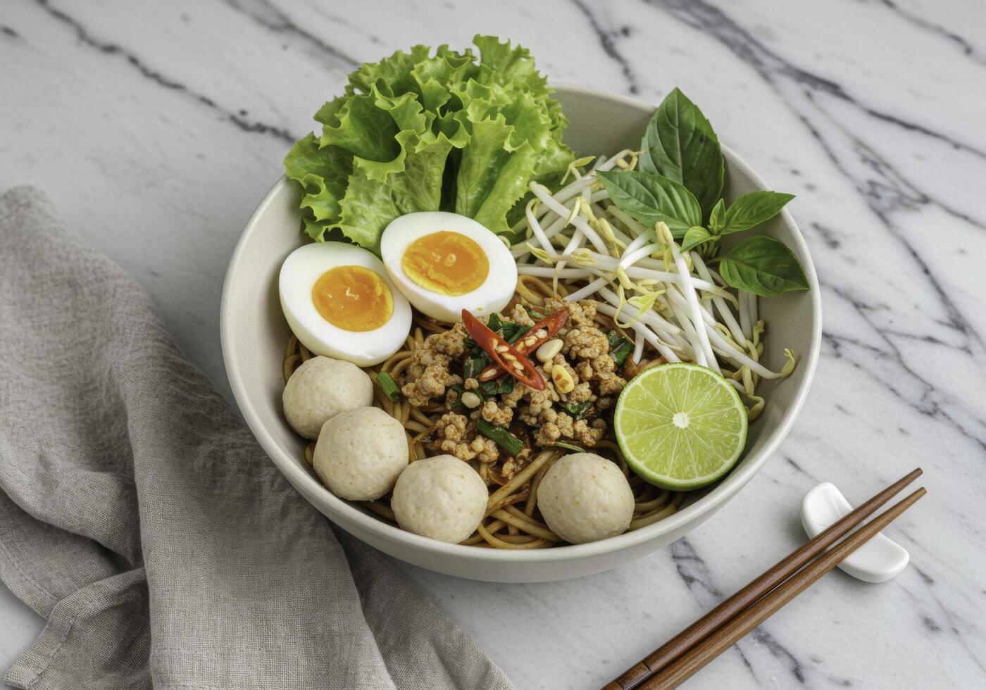 Exquisite thai noodle dish featuring eggs, sprouts, and lime on marble table photo