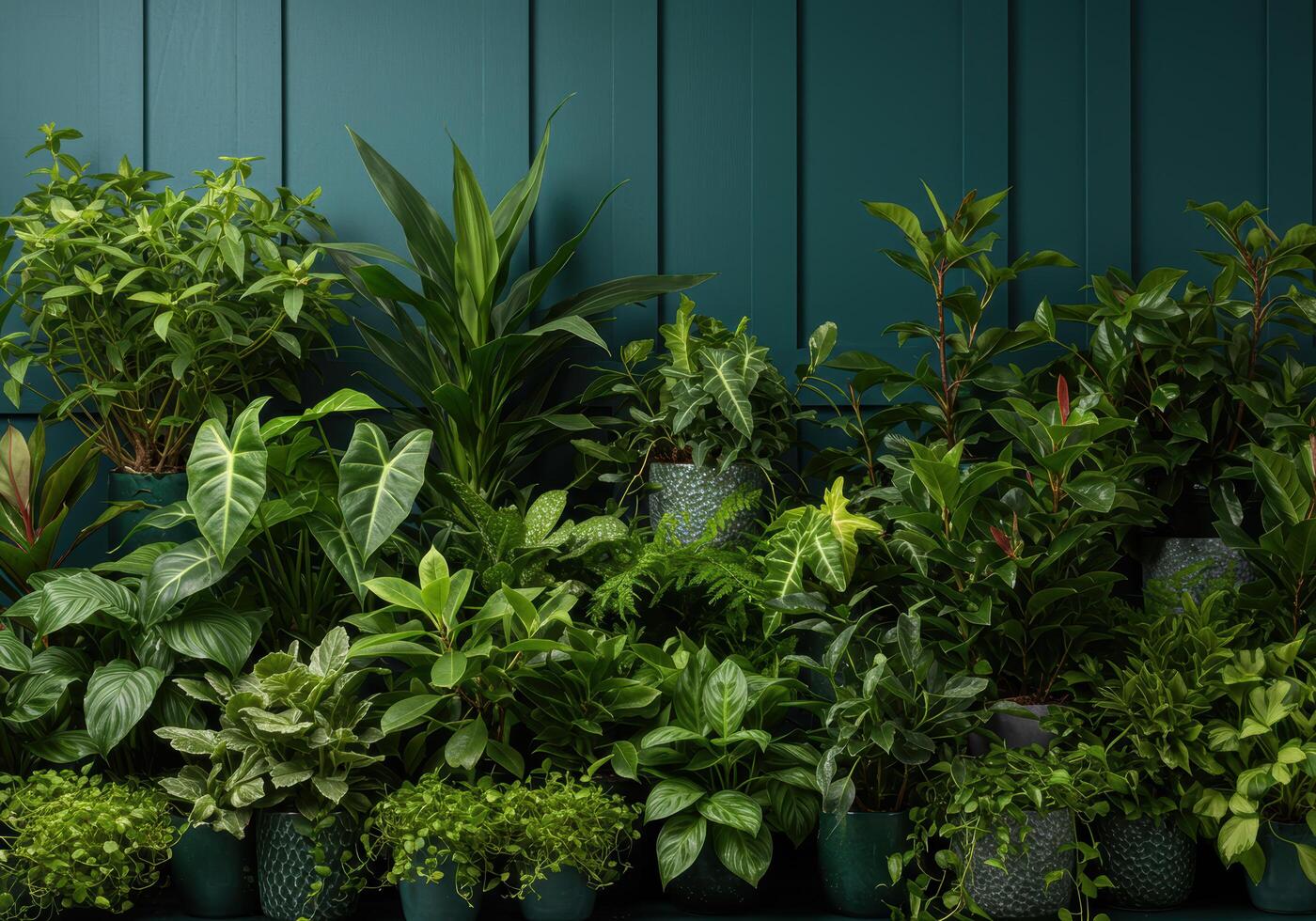 Lush display of diverse potted plants against a serene teal vertical paneling backdrop photo