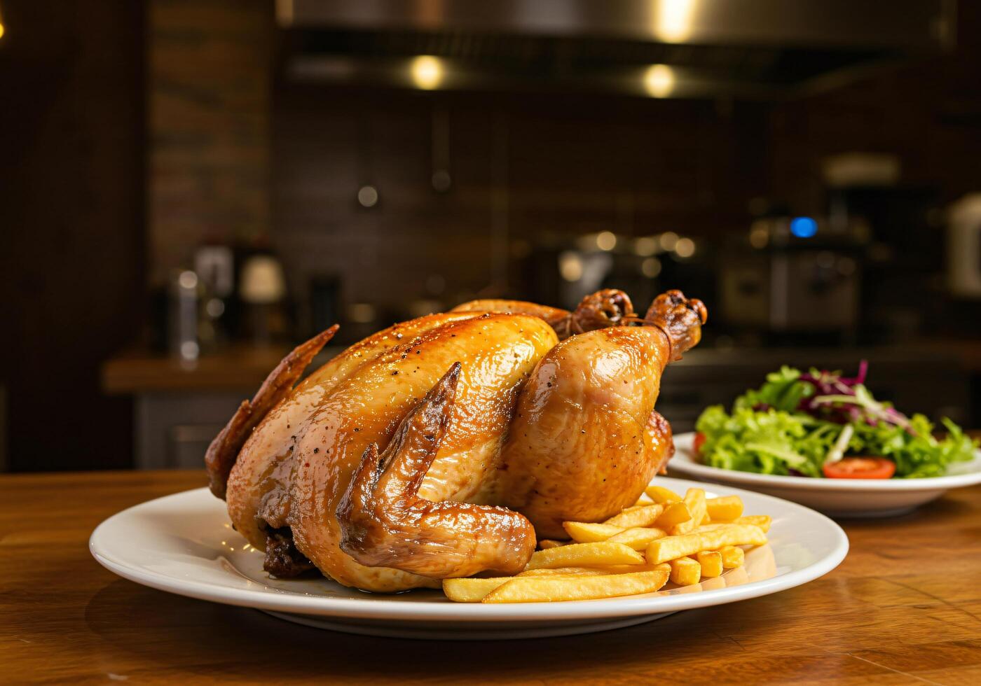 a large roast chicken on a plate with fries and salad photo