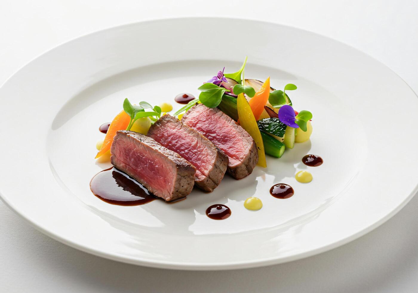 Seared Lamb Loin with Roasted Vegetables and Red Wine Reduction photo