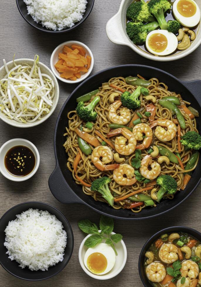 Delicious shrimp stir-fry with noodles and vegetables on a gray wooden table photo