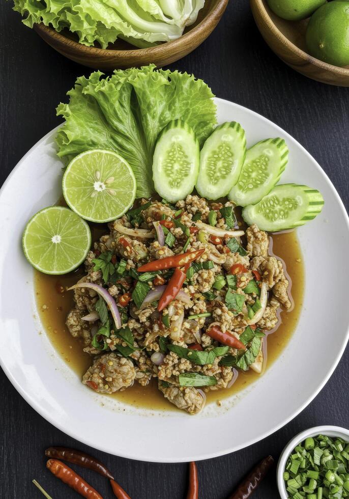 Exotic minced meat salad with fresh herbs, limes and cucumbers arrangement photo