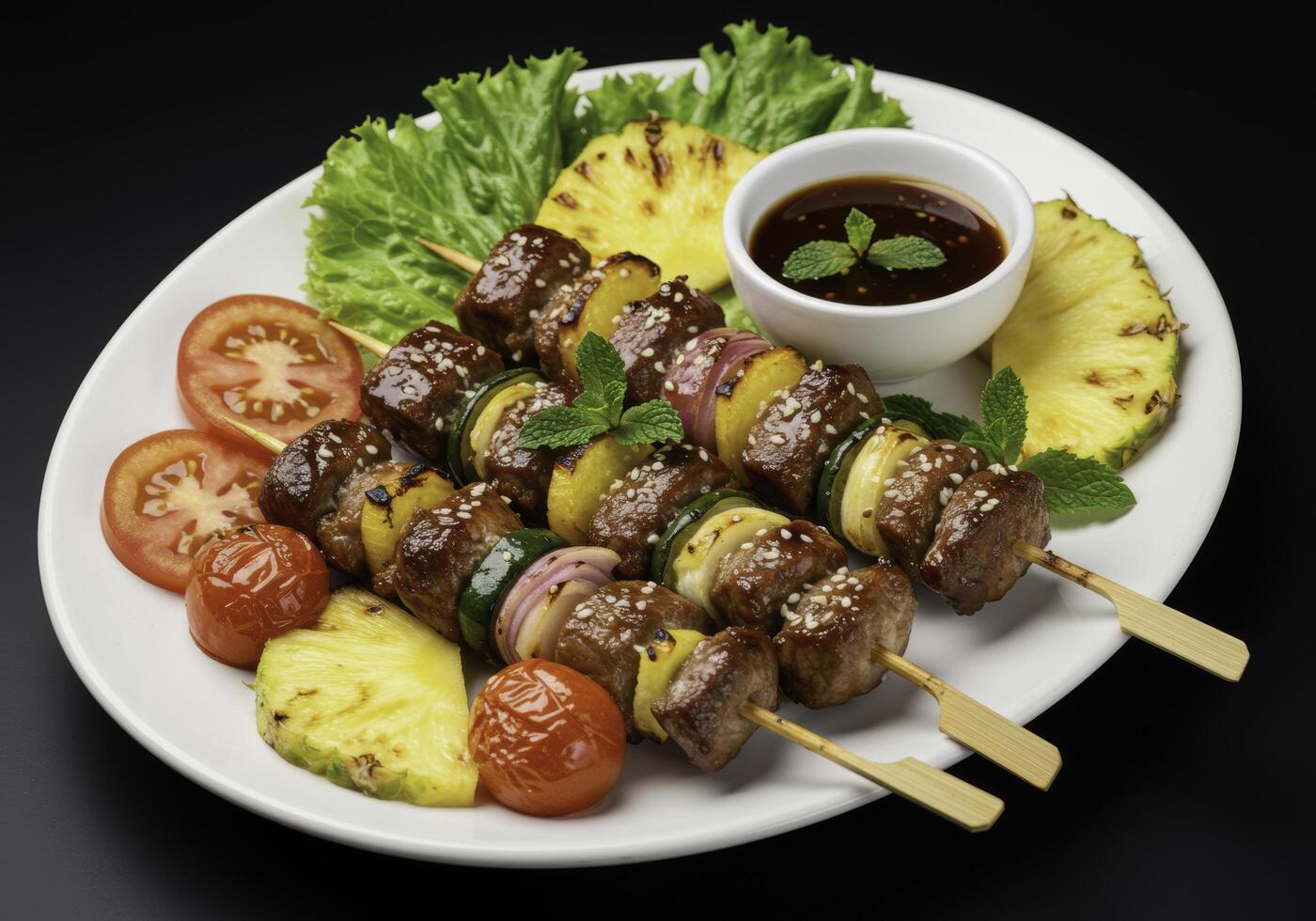 Grilled meat skewers with pineapple and fresh vegetables on a white plate photo