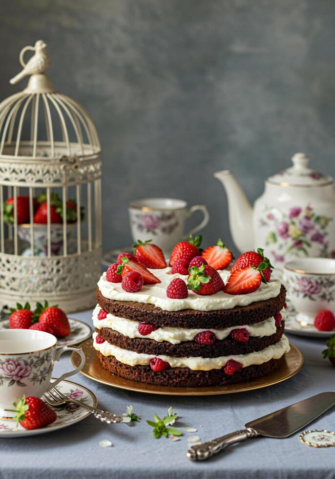 Delicious Chocolate Raspberry Cake with Fresh Strawberries photo
