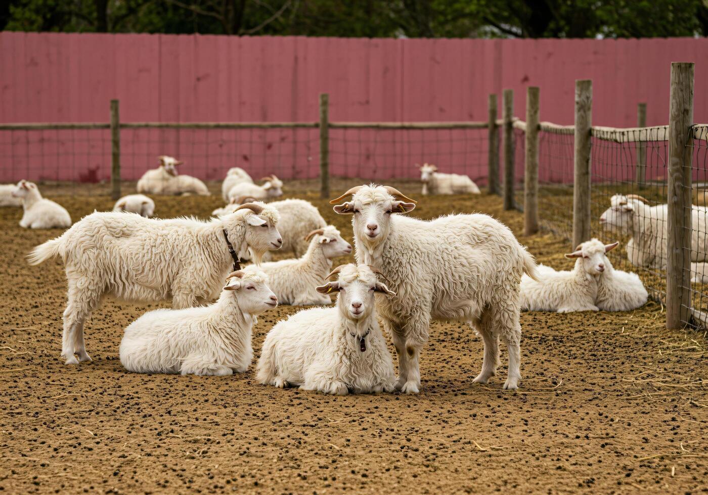 Adorable White Angora Goats Resting in a Farm Enclosure photo