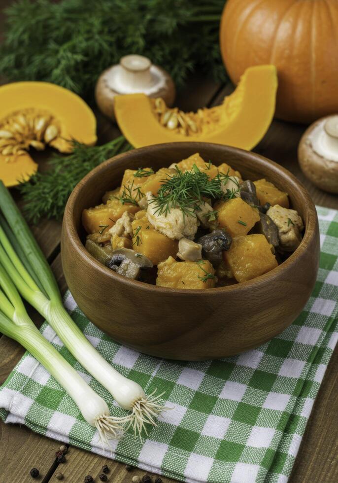 Autumnal Delight Rustic Pumpkin and Chicken Stew with Fresh Herbs and Mushrooms photo