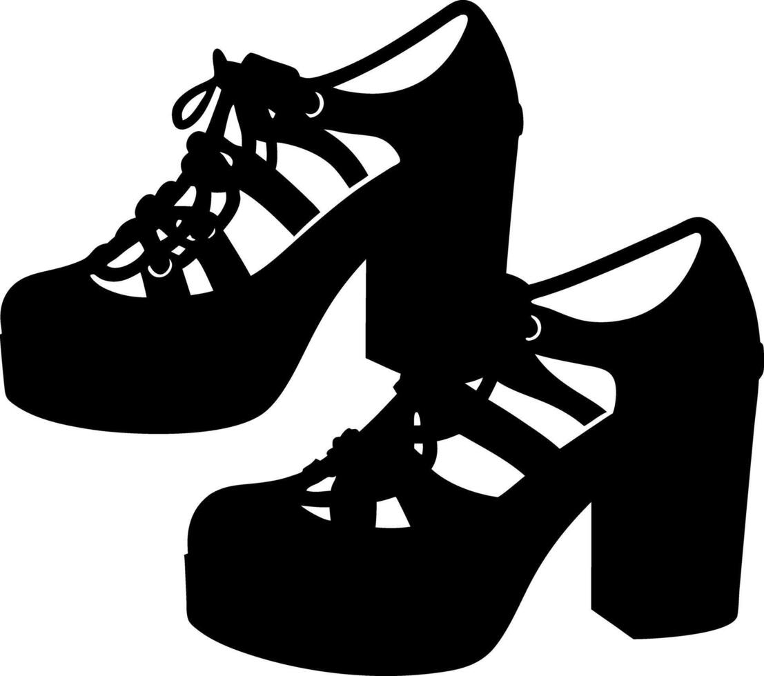 Two Black LaceUp Platform Block Heel Shoes, Fashionable Footwear, Retro Style, Isolated vector