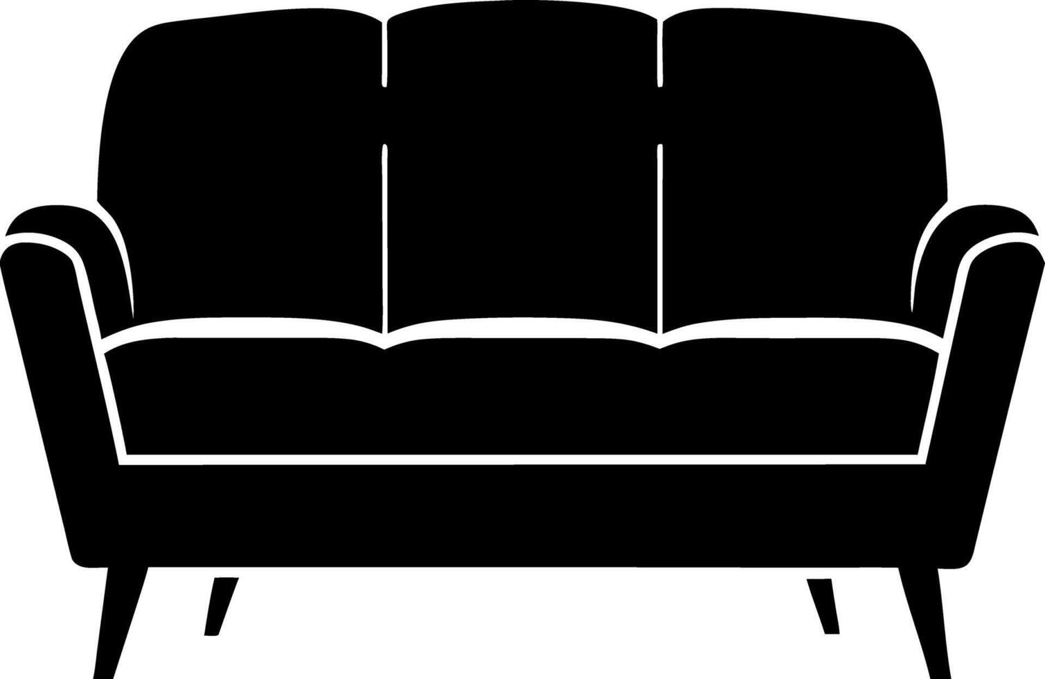 Modern Black Sofa Silhouette, Couch with Three Cushions, Furniture Icon, Stylish Design vector