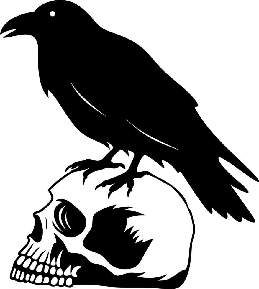 Raven Perched on Skull Silhouette, Black and White Gothic Style, Dark Bird Design vector