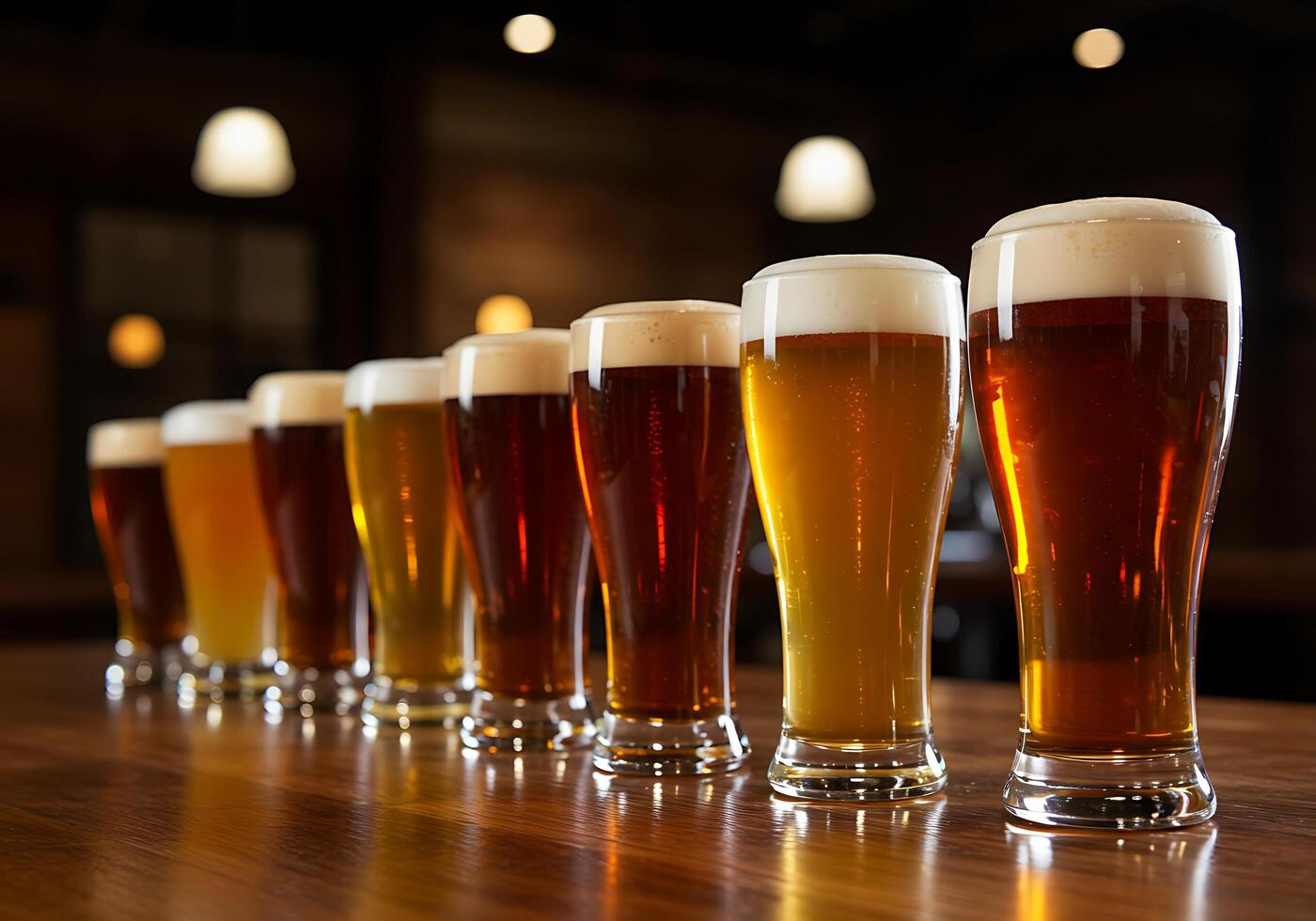 A Variety of Beers in Tall Glasses, Lit by Warm Bar Lighting. photo