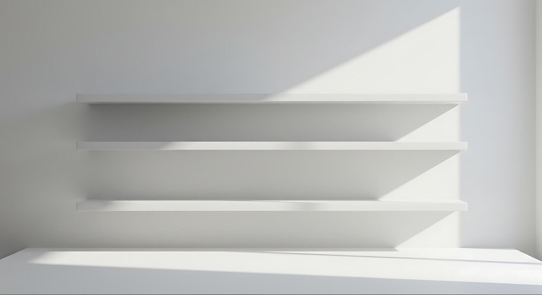 Minimalist White Room with Empty Shelves and Sunlight photo