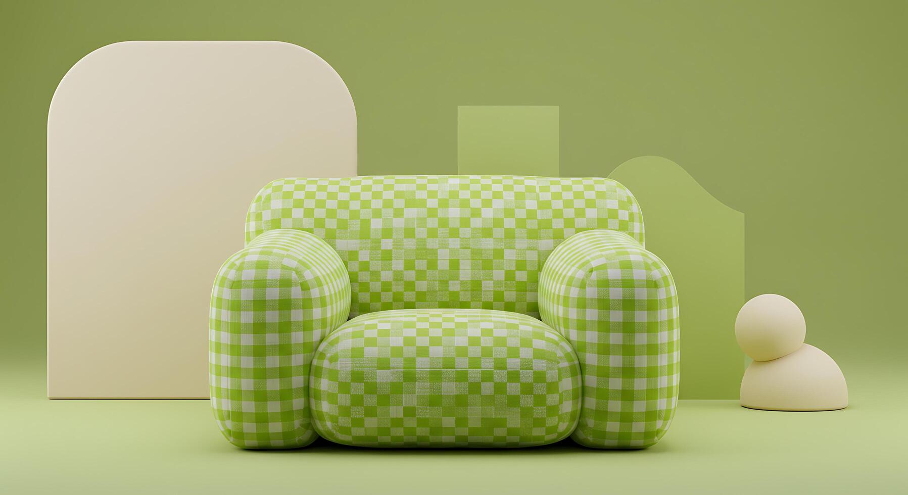 Green Checkered Armchair with Abstract Shapes on a Monochromatic photo
