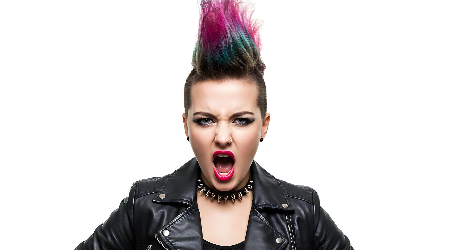 Angry Woman with Pink and Teal Mohawk Screaming photo
