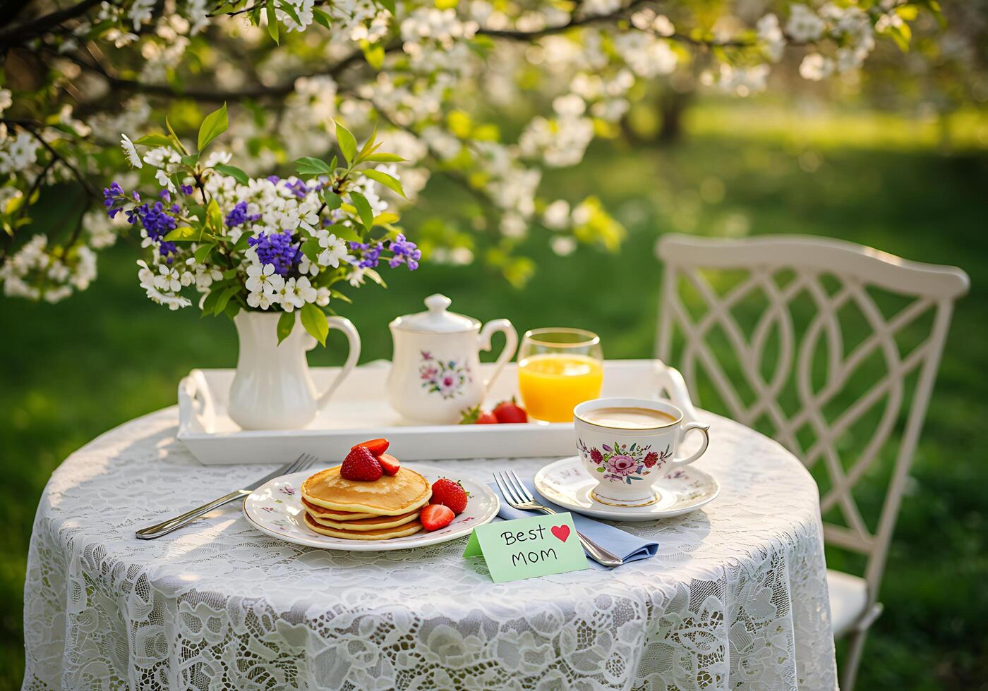 Mother's Day breakfast Pancakes, strawberries, and flowers on a photo