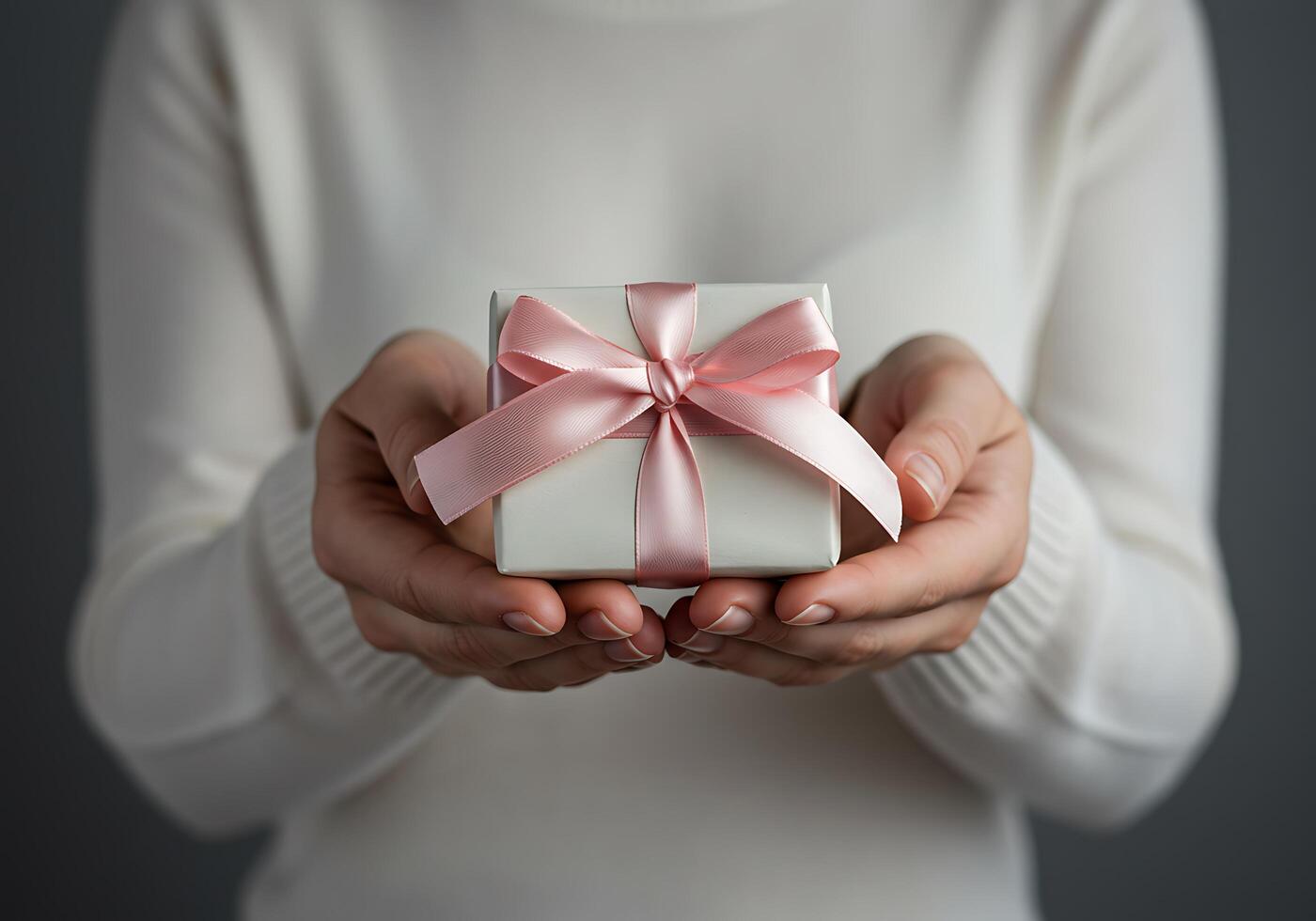 Tender Hands Holding a Gift Box with Delicate Pink Ribbon photo