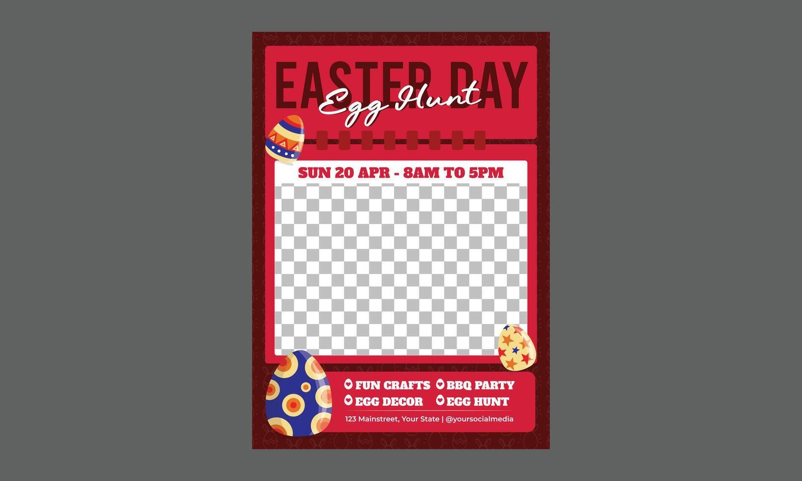 Easter Day Flyer. Easter holiday, hare with a basket of Easter eggs, Easter bunny and eggs. vector