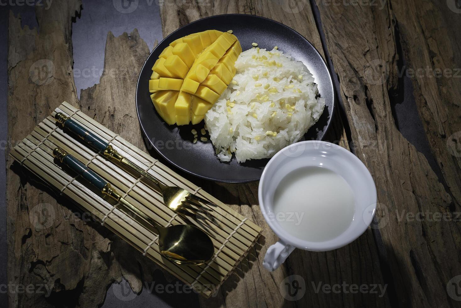 Mango, sticky rice, Thai street food, very delicious. photo